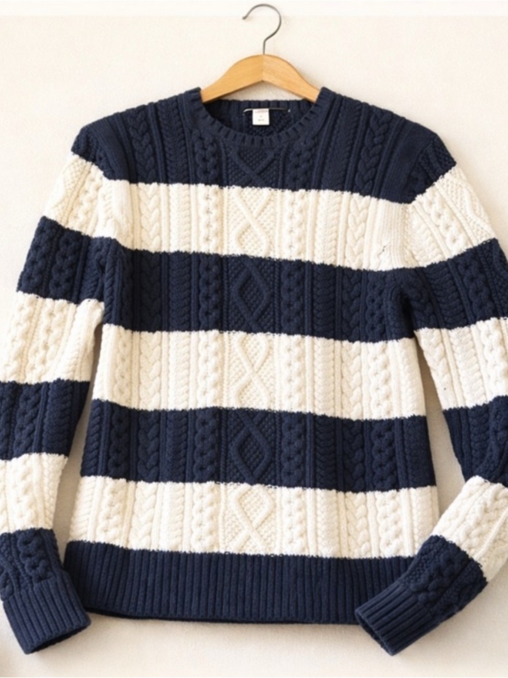 Amazon Women's Navy and Cream Striped Cable Knit Crewneck Sweater